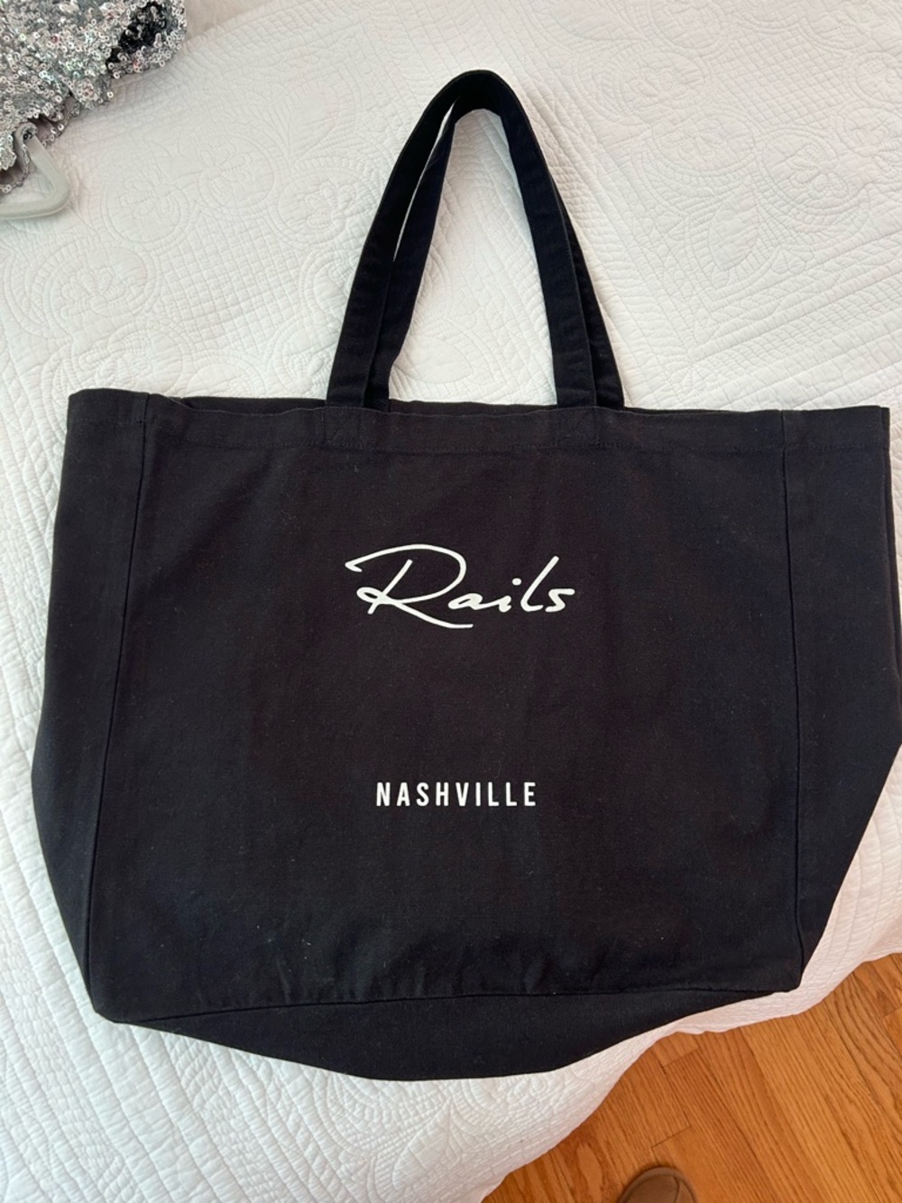Rails Nashville Black Canvas Tote Bag with White Script Logo
